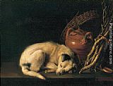 Gerrit Dou Sleeping Dog with Terracotta Jug, Basket and Kindling Wood painting